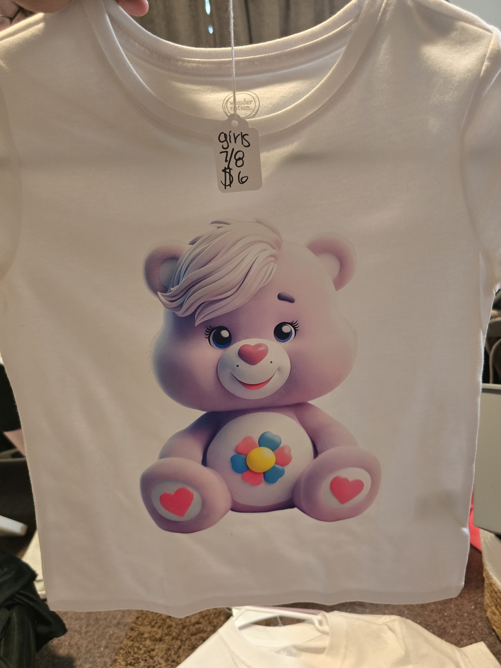 White Girls Tee with Pink Cartoon Bear Graphic